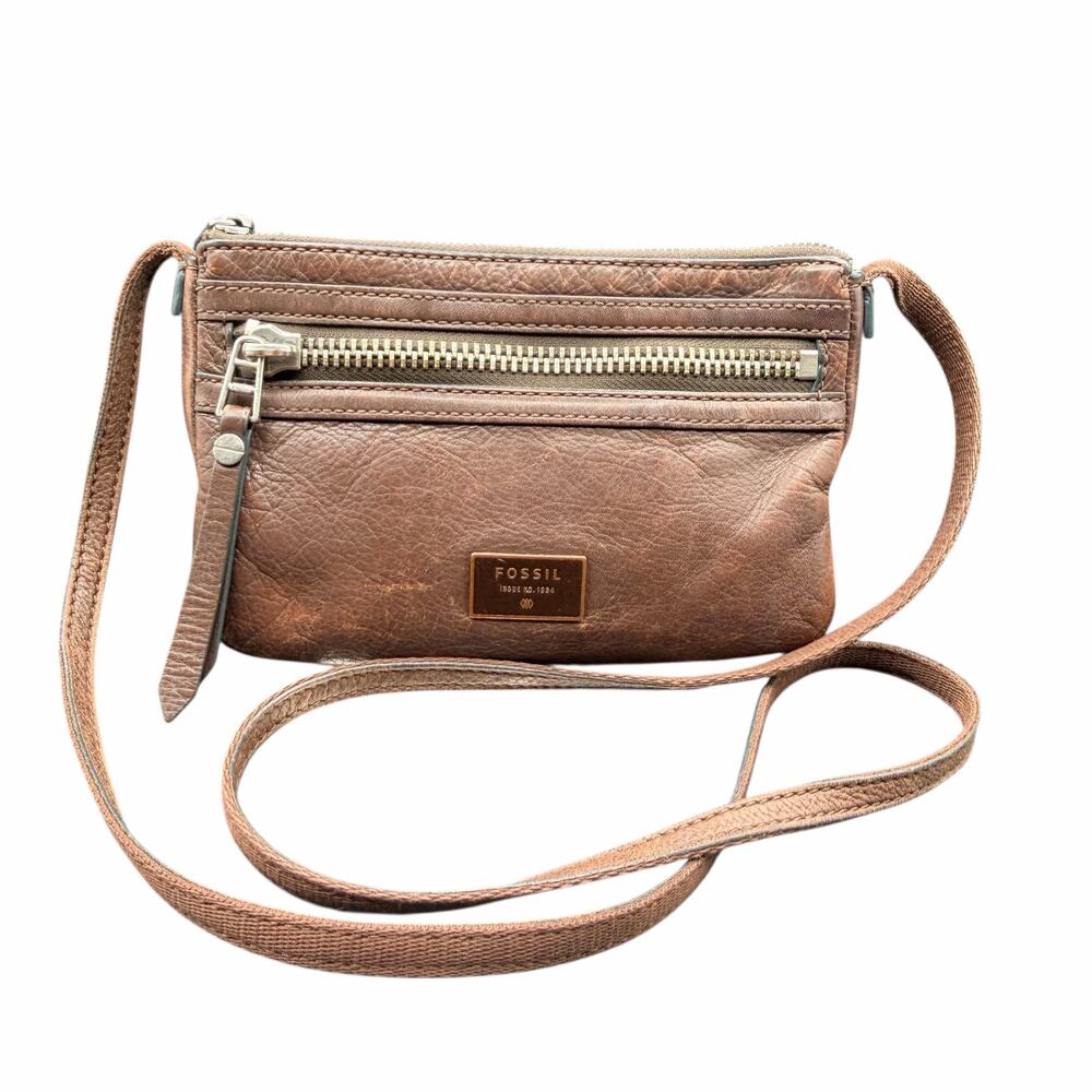 Fossil Brown Leather Crossbody Bag Zip Top Adjustable Strap